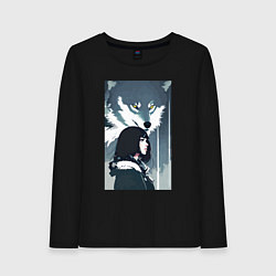 Лонгслив хлопковый женский Девушка под защитой волка - нейросеть - аниме, цвет: черный