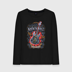 Лонгслив хлопковый женский Рок-н-ролл с гитарой стимпанк в огне, цвет: черный