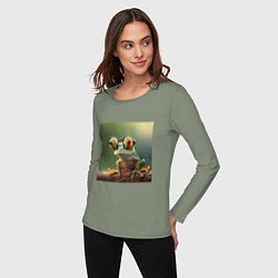 Лонгслив хлопковый женский Забавная лягушка в очках, цвет: авокадо — фото 2
