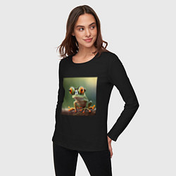 Лонгслив хлопковый женский Забавная лягушка в очках, цвет: черный — фото 2