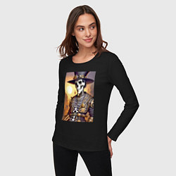 Лонгслив хлопковый женский Модный скелет в шляпе - стимпанк - нейросеть, цвет: черный — фото 2
