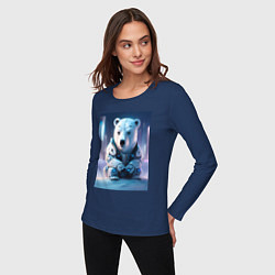 Лонгслив хлопковый женский Полярный медвежонок - киберпанк - нейросеть, цвет: тёмно-синий — фото 2