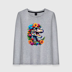 Женский лонгслив Череп тираннозавра с яркими цветами, мексиканский