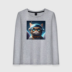 Лонгслив хлопковый женский Котик космонавт в очках в космосе, цвет: меланж