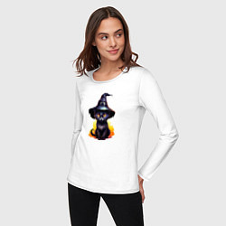Лонгслив хлопковый женский Черный кот в шляпе хэллоуин, цвет: белый — фото 2
