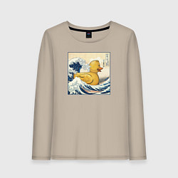 Лонгслив хлопковый женский Великая волна и уточка, цвет: миндальный