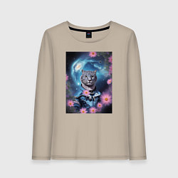 Лонгслив хлопковый женский Тигр в костюме и галактика с цветами, цвет: миндальный