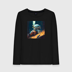 Лонгслив хлопковый женский Космонавт и лес, цвет: черный