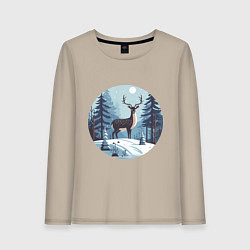 Лонгслив хлопковый женский Зимняя сказка олень в лесу, цвет: миндальный