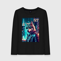 Лонгслив хлопковый женский Крутой волчара в ночном Нью-Йорке, цвет: черный