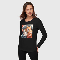 Лонгслив хлопковый женский Милые котята под одеялом, цвет: черный — фото 2