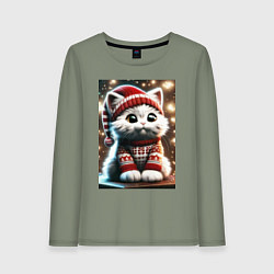 Лонгслив хлопковый женский Котик в новогоднем свитере, цвет: авокадо