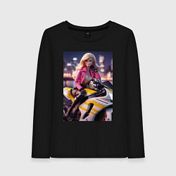 Лонгслив хлопковый женский Barbie on a Kawasaki sports motorcycle, цвет: черный