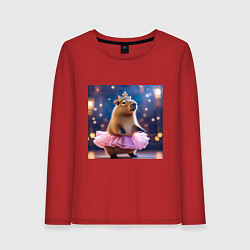 Лонгслив хлопковый женский Мем капибара балерина в розовой юбочке и короне, цвет: красный