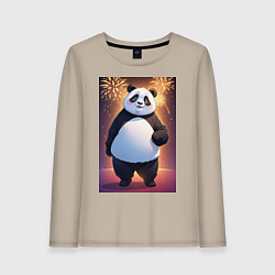 Лонгслив хлопковый женский Панда в свитере под салютом - ai art, цвет: миндальный