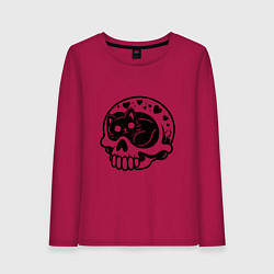 Лонгслив хлопковый женский Черный котенок сидит в черепе, цвет: маджента
