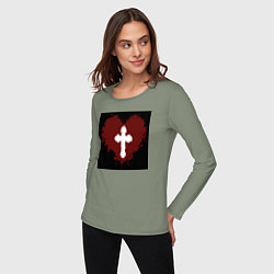 Лонгслив хлопковый женский Сердце крест черный квадрат, цвет: авокадо — фото 2