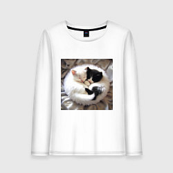 Лонгслив хлопковый женский Два любящих котика обнимаются клубочком, цвет: белый
