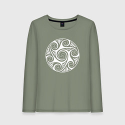 Лонгслив хлопковый женский Белый кельтский круглый узор, цвет: авокадо