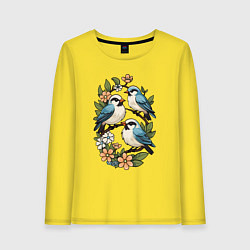 Женский лонгслив Три птицы на ветках в цветах