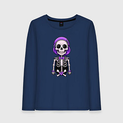 Лонгслив хлопковый женский Скелет с бабочкой фиолетовый, цвет: тёмно-синий