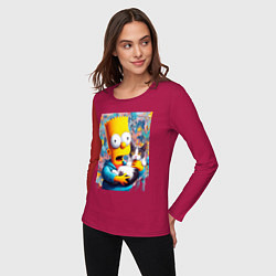 Лонгслив хлопковый женский Bart Simpson with a kitten - ai art, цвет: маджента — фото 2