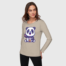 Лонгслив хлопковый женский Панда привет, цвет: миндальный — фото 2