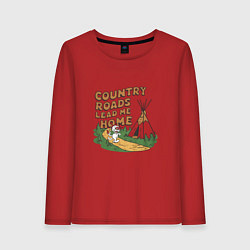 Лонгслив хлопковый женский Country roads lead me home, цвет: красный