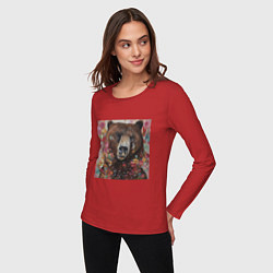 Лонгслив хлопковый женский Яркий медведь, цвет: красный — фото 2