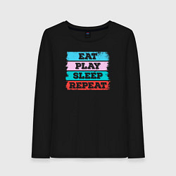 Лонгслив хлопковый женский Eat play sleep repeat, цвет: черный