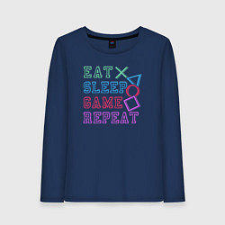 Лонгслив хлопковый женский Eat play sleep repeat lettering, цвет: тёмно-синий