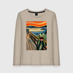 Лонгслив хлопковый женский Лягушка кричит - мем нейросеть, цвет: миндальный