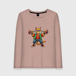 Женский лонгслив Крутой рыжий кото держит гантель