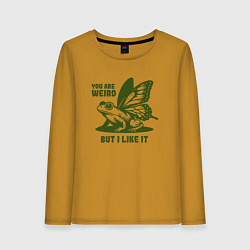 Лонгслив хлопковый женский Лягушка с крыльями ты странный но мне нравится, цвет: горчичный