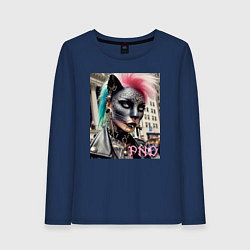 Лонгслив хлопковый женский Девушка кошка - панк не умер, цвет: тёмно-синий