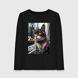 Лонгслив хлопковый женский Пирсинг Нью-Йоркского кота - нейросеть, цвет: черный