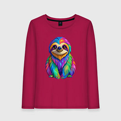 Лонгслив хлопковый женский Яркий разноцветный ленивец, цвет: маджента