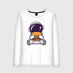 Лонгслив хлопковый женский Космонавт ест гамбургер, цвет: белый