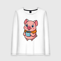Женский лонгслив Поросенок пьет кофе
