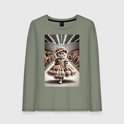 Лонгслив хлопковый женский Милая винтажная кошка на подиуме в винтажном плать, цвет: авокадо