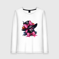Женский лонгслив Девушка в гриме кошки и в черной шляпе и с розовым