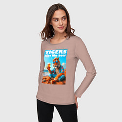 Лонгслив хлопковый женский Tigers also like beer - ai art fantasy, цвет: пыльно-розовый — фото 2