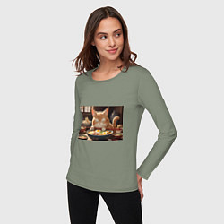 Лонгслив хлопковый женский Кот обожает рамен, цвет: авокадо — фото 2