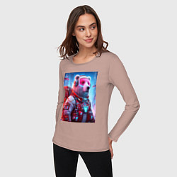 Лонгслив хлопковый женский Кибер мишка - киберпанк нейроарт, цвет: пыльно-розовый — фото 2