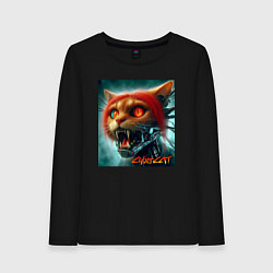 Лонгслив хлопковый женский Super cyber red cat - ai art fantasy, цвет: черный