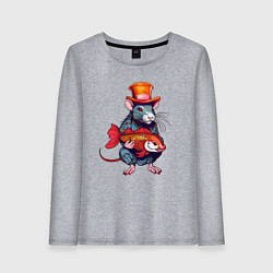 Лонгслив хлопковый женский Крыса с рыбой в японском стиле, цвет: меланж
