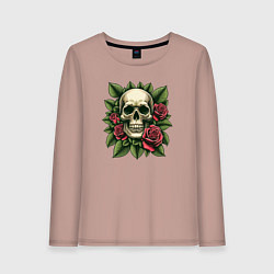Женский лонгслив Череп в зеленых листьях и красных розах