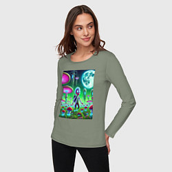 Лонгслив хлопковый женский Морти потерял Рика на мухоморной планете, цвет: авокадо — фото 2