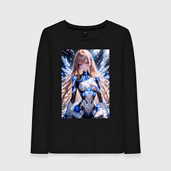 Лонгслив хлопковый женский Девушка с кибернетическими крыльями, цвет: черный