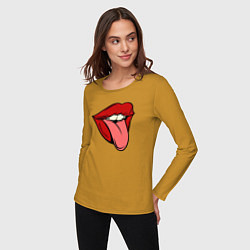 Лонгслив хлопковый женский Girl lips, цвет: горчичный — фото 2